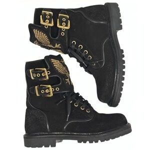 Balmain Black Suede Eagle Ranger Combat Ankle Boots
